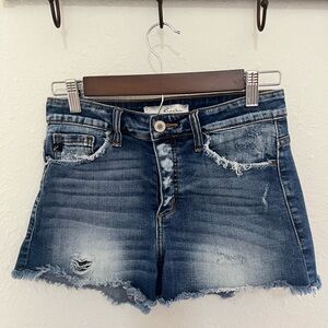 KanCan Blue Jean Shorts with Frayed Hem and Worn-In Look